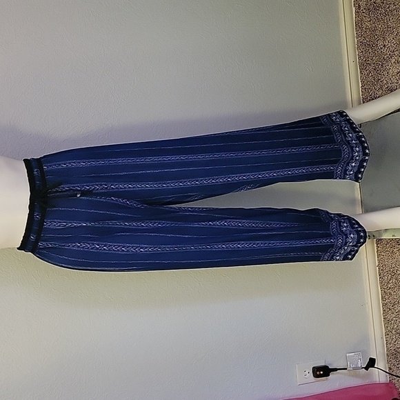 Blue Pattern Striped Wide Leg Waist Tie Lounge Pants - Picture 3 of 7